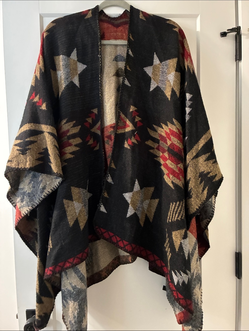 Women’s Black Aztec Pattern Open Poncho Jacket - Red & Gold Accents—Reversible